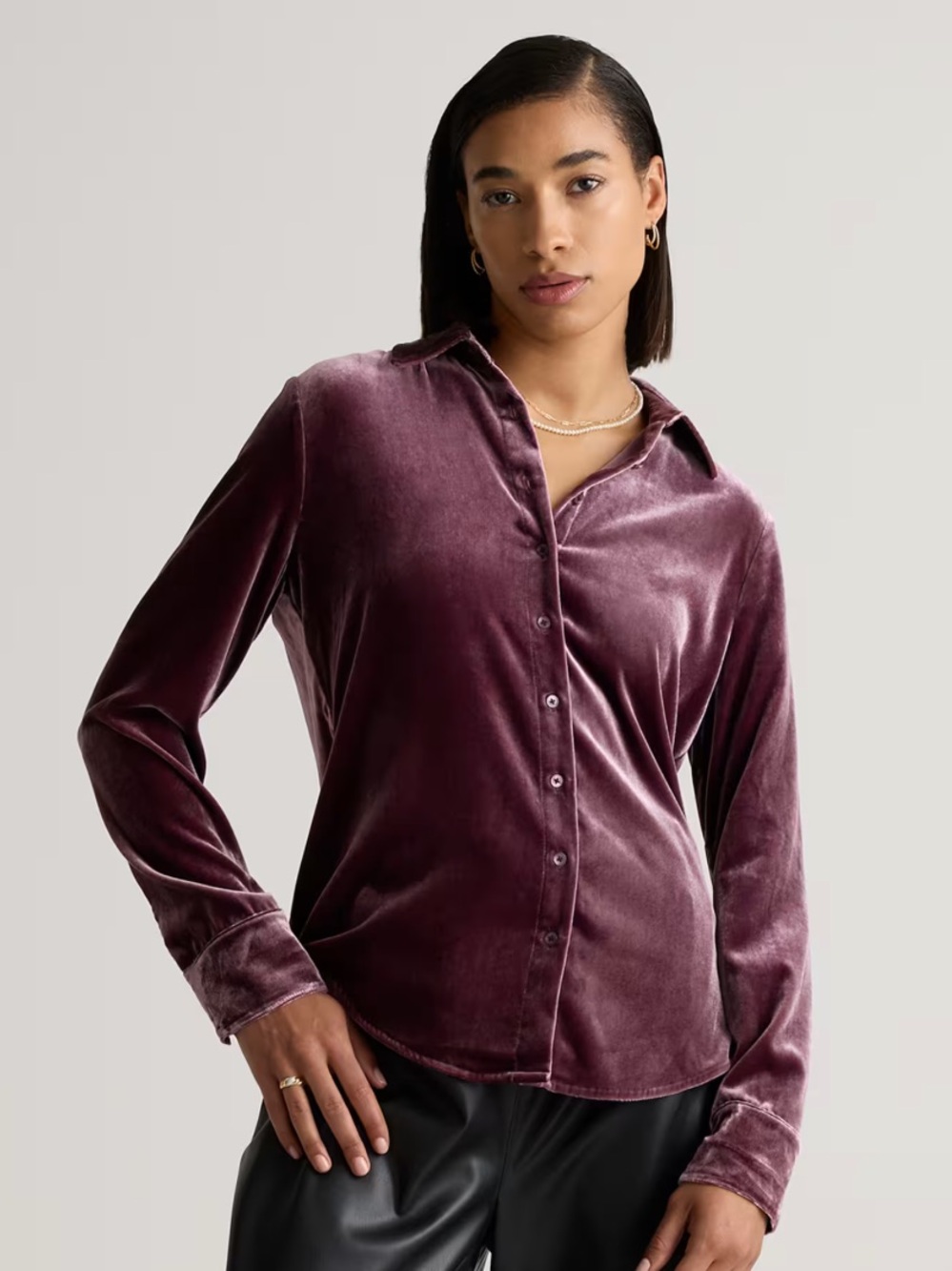Quince XL stretch velvet silk long sleeve shirt wine tasting red